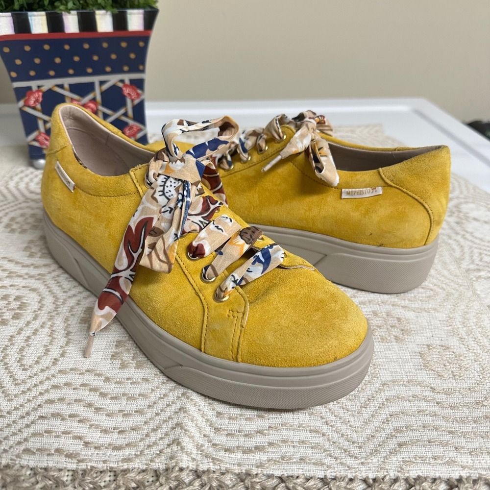 Mephisto Fanya Silk Yellow Suede Comfy Lace Up Sneakers Size 6.5 Womens